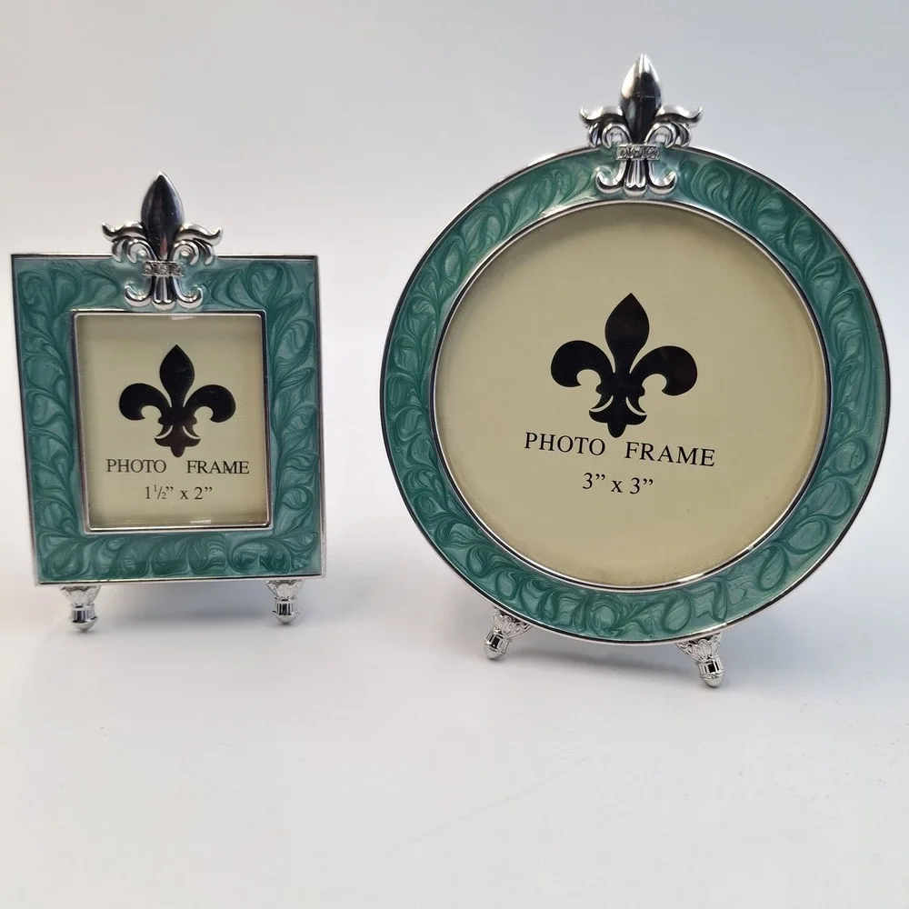 Vintage Fleur De Lis‎ Photo Frame Set Teal Enamel Silver Tone Round Square Mini
